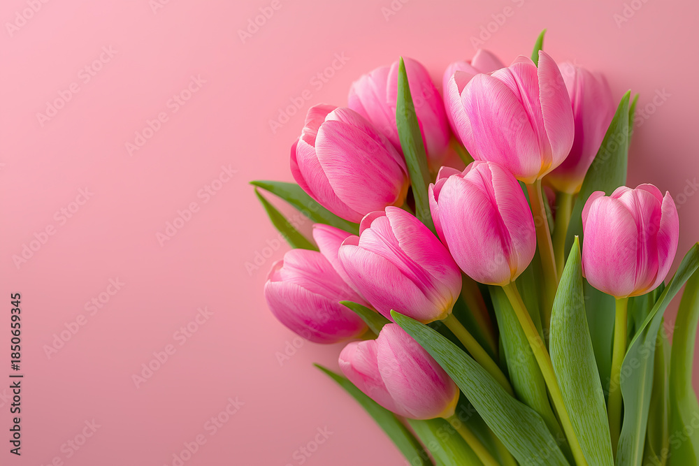 Fototapeta premium Pink tulips bloom against a pastel background, capturing the essence of spring Generative AI