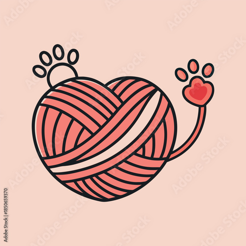 Flat vector illustration of a heart shaped yarn ball with a small kitten paw touching it, minimalist cat lover concept