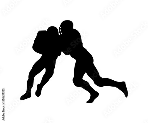 Silhouette of two strong football players blocking during a powerful game, isolated white background.