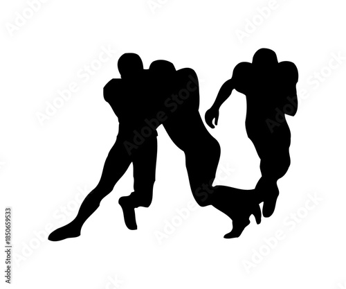 Silhouettes of two dynamic football players tackling during an intense game, isolated white background.