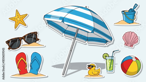 Beach Vacation Essentials Collection With Umbrella And Sunglasses.