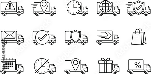 Set of 15 logistics and delivery truck vector icons featuring symbols for global shipping express tracking package security and scheduled freight for e-commerce branding