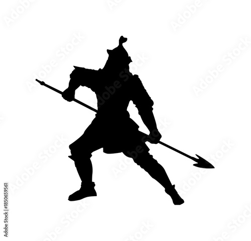 Silhouette of an ancient warrior holding a spear in a determined battle-ready stance, isolated white background.
