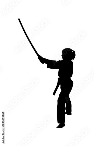 Silhouette of a Male Martial Arts Practitioner practicing with a bokken, demonstrating an overhead sword strike with traditional discipline on an isolated white background.