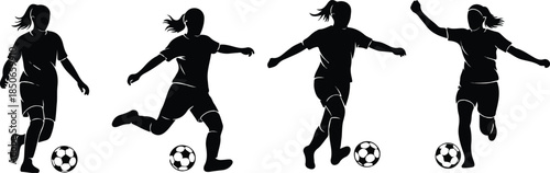 Silhouette of four female soccer players in various poses with balls