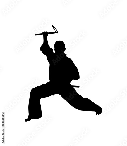 Powerful Male Martial Artist Wielding an Axe in an Aggressive Combat Stance on an Isolated White Background