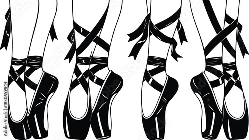 Illustration of three pairs of ballet shoes with ribbons