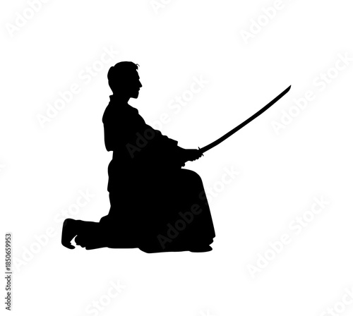 Traditional Male Samurai Kneeling Respectfully with a Katana Sword on an Isolated White Background
