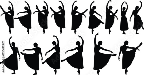 Silhouette of 12 dancing women in various classical dance poses