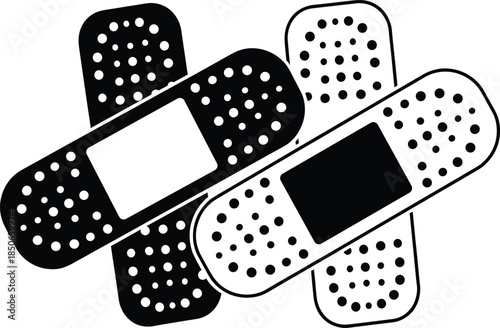 Stacked adhesive bandage vector illustration featuring black and white medical plasters with dotted patterns for first aid healthcare and wound care branding