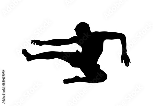 Male Martial Artist Executing a Powerful Flying Side Kick in Mid-Air on an Isolated White Background