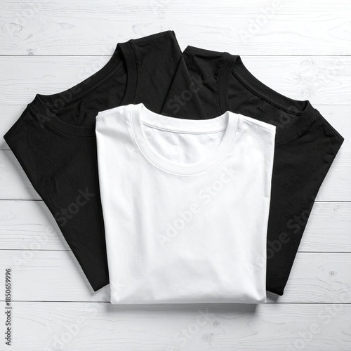Three folded black and white t-shirts on a light wooden surface