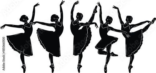 Silhouette of five ballet dancers in various poses