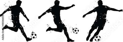 Silhouette of three soccer players in action kicking balls