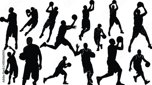 Silhouette of various basketball players in different poses