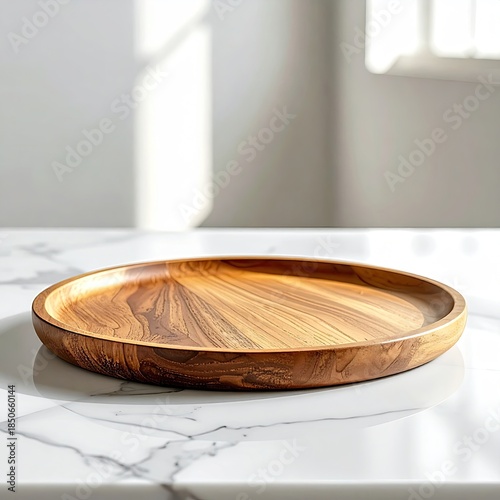 A light-brown wooden round platter on a marble surface.  Natural wood grain visible.  Soft light.  Modern style