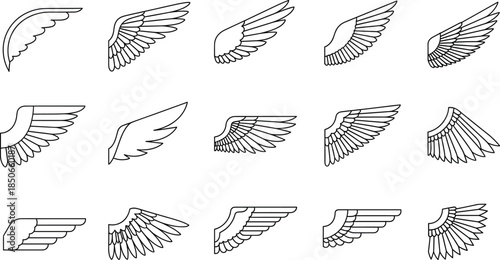 Set of 15 wing vector icons featuring various feathered designs for bird angel and heraldic flight symbols in minimalist black line art style