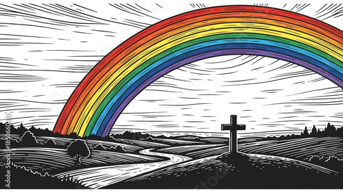 Vibrant rainbow arching over serene landscape with cross