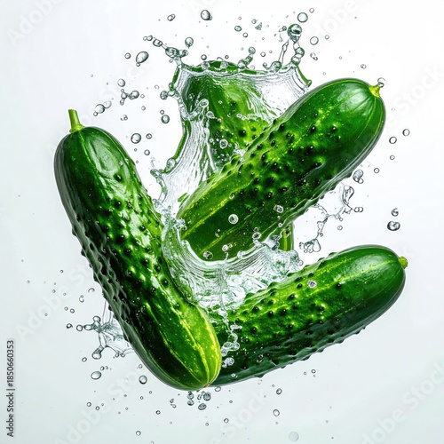 Fresh cucumbers in water splash