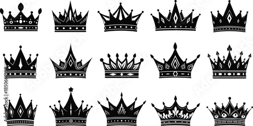 Set of 15 black royal crown silhouette icons featuring various ornamental designs tiaras and heraldic symbols for luxury branding majesty logos and gaming interface assets
