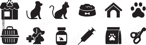 Pet Care Icons Set, Veterinary Icons, Pet Shop Icons, Animal Care Symbols, Dog and Cat Icons, Pet Accessories Icons, Veterinary Clinic Icons, Dog Care Icons.