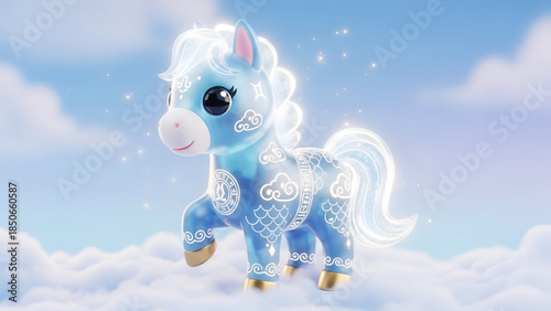 Horse fantasy illustration showing cute blue zodiac animal with glowing patterns floating on soft clouds dreamy sky magical light style inspired by chinese zodiac year concept for commercial design 