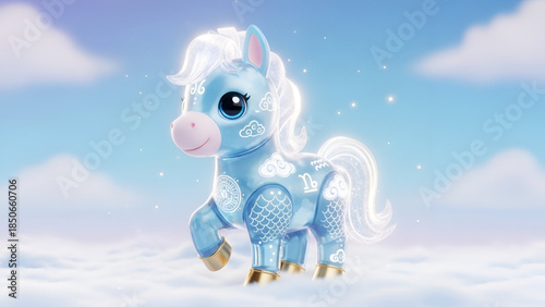 Horse fantasy illustration showing cute blue zodiac animal with glowing patterns floating on soft clouds dreamy sky magical light style inspired by chinese zodiac year concept for commercial design 