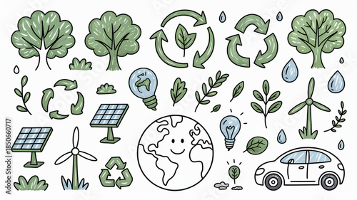 Eco friendly icons set including trees earth solar panels wind turbines and recycling symbols for environmental concepts and sustainability design