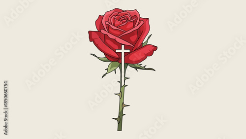 Vibrant red rose with white cross on stem and thorns