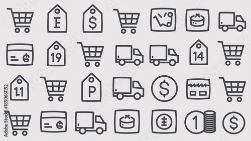 Collection of hand-drawn e-commerce icons including shopping carts delivery trucks and price tags perfect for online store design and marketing