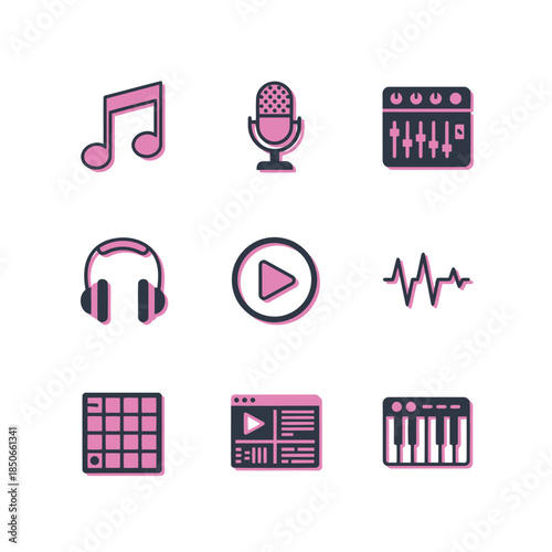 Music production and audio engineering flat icons featuring note, mic, mixing desk, headphones, waveform and digital audio workstation software interface for creative musicians and sound designers