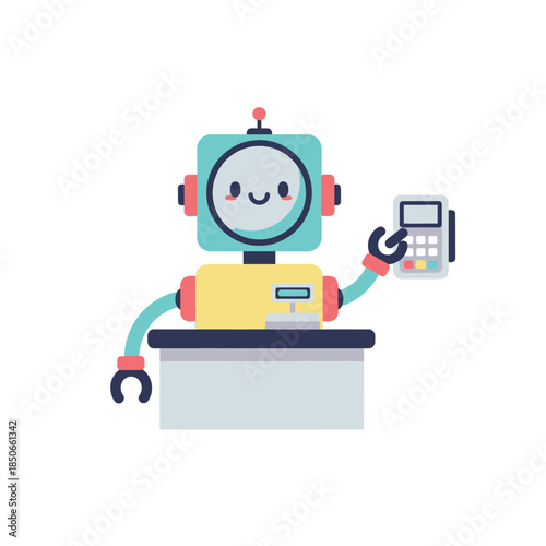 A smiling robot holds a credit card reader on a table with a wrench.