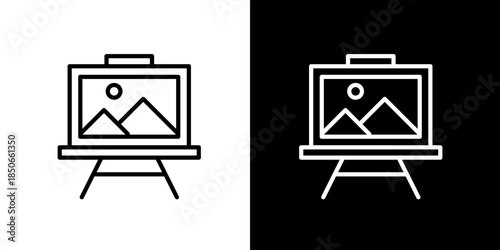 Minimalist icon of an artist's easel displaying a landscape painting, representing artistic creativity, fine art display, and graphic design elements