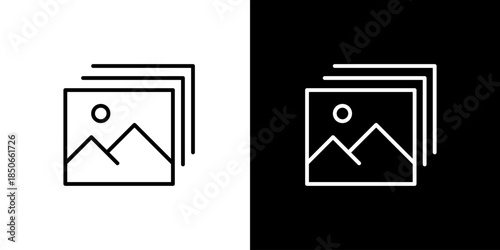 Vector line icon of stacked image frames with a landscape, ideal for digital photo galleries and visual content management systems