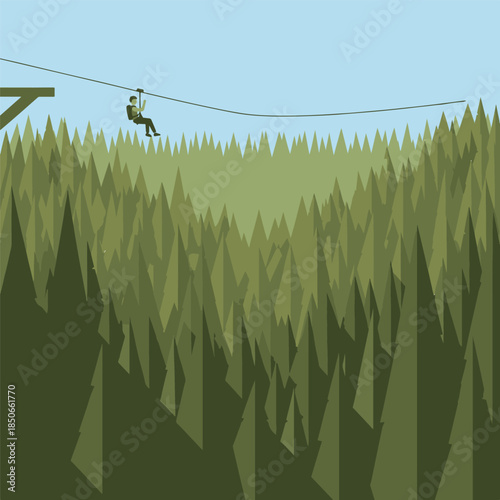 Person navigating a zip line through a dense forest