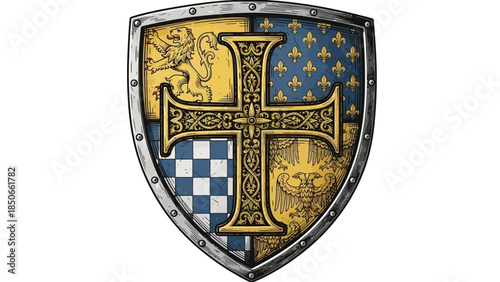 Vintage shield with ornate cross and symbolic heraldry designs
