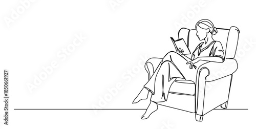 A woman sitting reading a book on a sofa in a continuous line