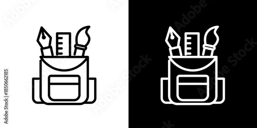 Minimalist line art icon of a pencil case filled with essential art and drawing supplies, including brushes and a ruler, ideal for educational, creative, and design-related projects