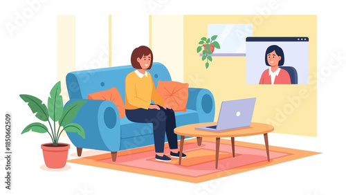 Woman working remotely on laptop while sitting on a couch in a cozy living room with a video call on the screen.