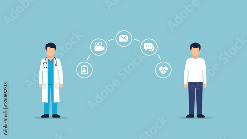 A doctor and patient connected through various digital communication icons in a modern healthcare setting