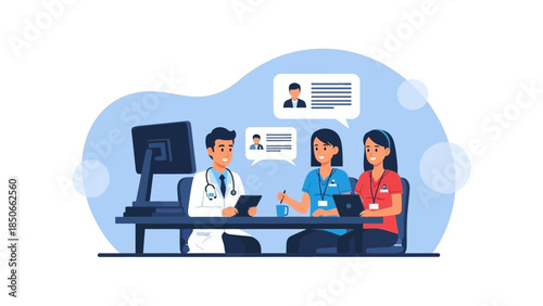 Doctor consulting with patients in a medical office setting with computer screen display