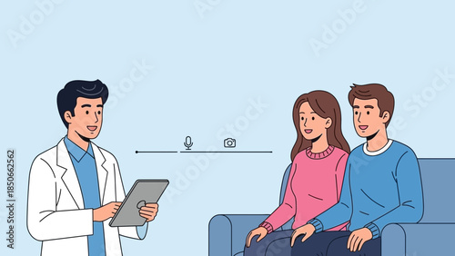 Doctor consulting with couple on a light blue couch in a calm environment from a slight distance