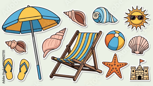 Beach Vacation Essentials Collection With Sun Umbrella Beach Chair And Starfish.