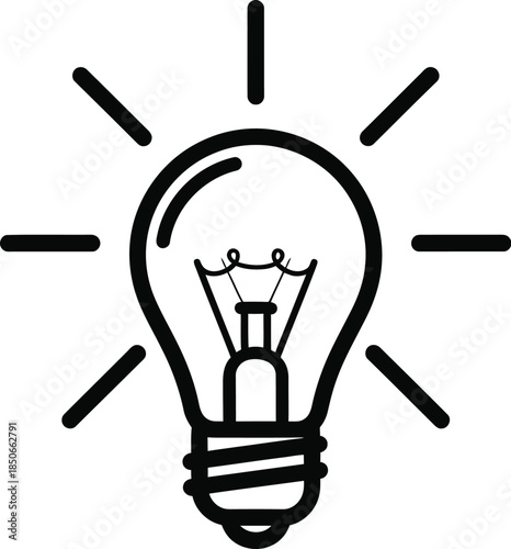 Simple black and white illustration of glowing light bulb symbolizing idea innovation inspiration and creativity concept