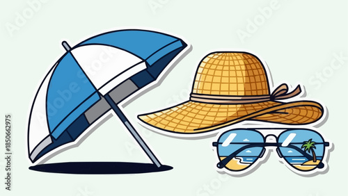 Beach accessories for a sunny vacation including umbrella hat and sunglasses.