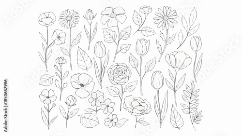 Collection of Hand Drawn Botanical Line Art Flowers and Leaves.