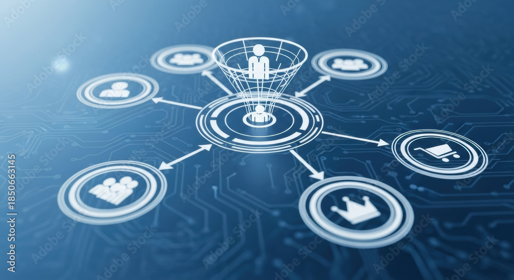 Fototapeta premium Digital Network Connection Showing Central Person Connected To Multiple People And Icons Representing Hierarchy Royalty Teamwork And Technology On A Blue Circuit Board Background With Soft Lens Flare
