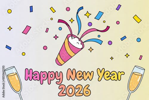 Happy New Year 2026 Party Popper Confetti Explosion Vector Illustration
