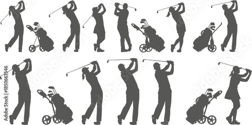 A collection of black silhouettes depicting golfers in different swing motions and with golf bags