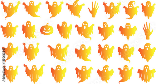 A vibrant pattern of spooky orange ghosts and a pumpkin for halloween decoration